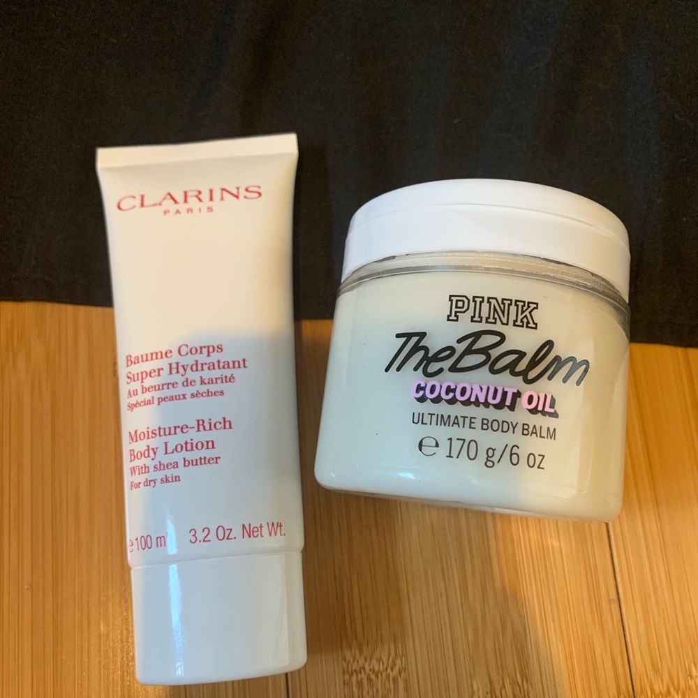 Clarins Body Lotion and Pink The Balm Coconut Oil